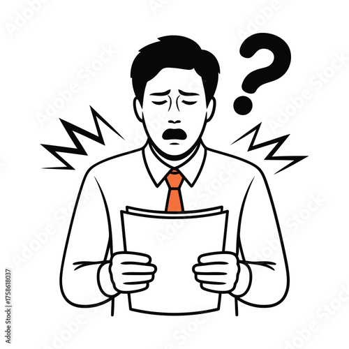 Man in white shirt and orange tie looking confused at papers with question mark reading