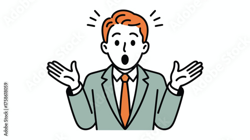 Man in light green suit and orange tie with surprised expression and raised hands shocked amazed