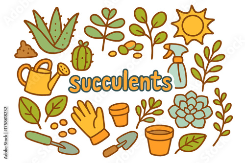 Playful Succulents Illustration. Succulents. Hand-drawn doodle illustration of Succulents. Aloe, cactus, jade