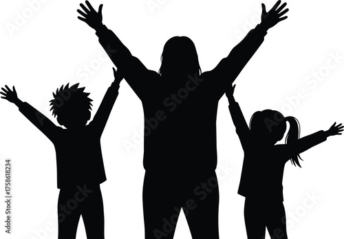 Family celebration silhouette, parent and two children raising arms, unity, joy, togetherness, playful kids, supportive parent-child bond, minimal black vector icon