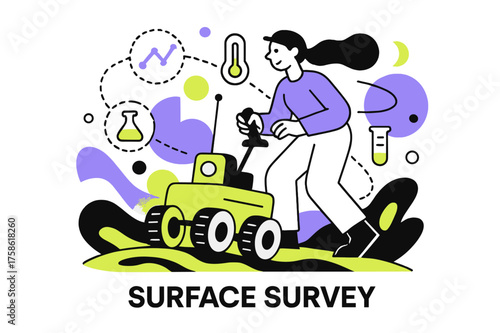 Venus Rover Exploration. Venus exploration. Character controlling glowing rover on abstract Venus surface,