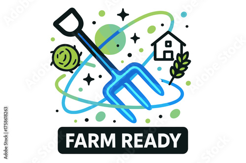 Glowing Pitchfork Art. Pitchfork handle. Abstract glowing pitchfork with floating orbiting hay, farm icons,