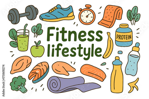 Fitness Lifestyle Doodle. Fitness lifestyle. Hand-drawn doodle illustration of Fitness lifestyle. Dumbbell,