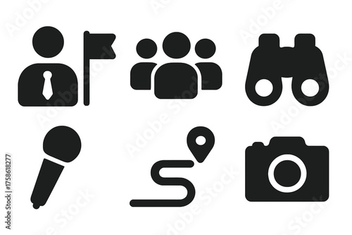 Guided Tour Icons. Guided Tours. Filled icon set of Guided Tours: tour guide, flag, group of people, map,