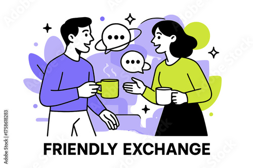 Floating Conversation Icons. Small talk. Abstract glowing office breakroom scene with floating orbiting