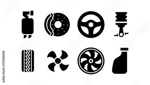 Engine Components, and Car Maintenance Icon Set in a Minimalist Outline Vector Design, Featuring Exhaust Muffler, Brake Disc, Steering Wheel, Piston, Tire, Radiator Fan, Alloy Wheel, and Oil Bottle