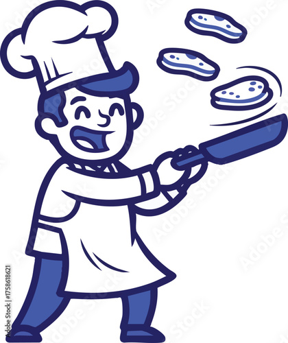 Cartoon Chef Tossing Pancakes with Joyful Expression.