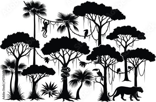 Jungle silhouette, rainforest animals, monkey hanging, toucan bird, jaguar walking, snake coiled, tropical nature, black vector, wildlife illustration, dense forest