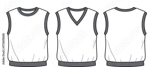 CAD drawing flat vector illustration of sleeveless sweater vest set, crew neck, v neck, mock neck, fashion apparel design template