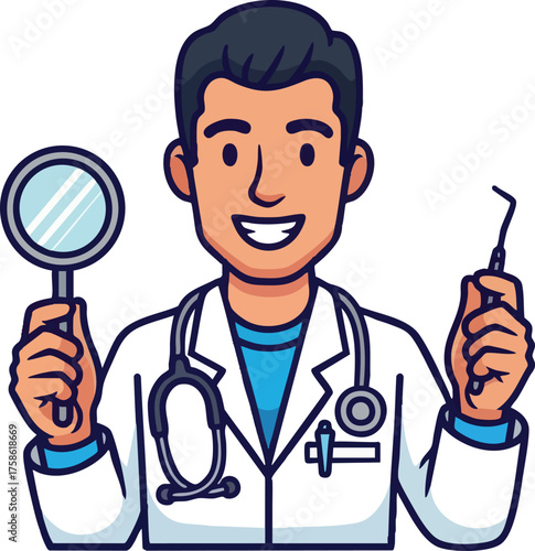 Cartoon Dentist with Magnifying Glass and Dental Pick.