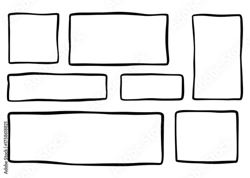 Vector illustration of rectangle and square frame outlines in hand-drawn style. Simple doodle line borders, perfect for notes, highlights, labels, or text decoration design.