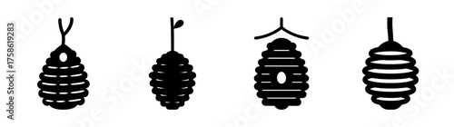 Collectionofstylizedbeehiveiconsdiversedesignscapturingapiaryelementsandhoneyproductionart