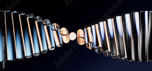 Fototapeta Naklejka Na Ścianę i Meble -  Neon glass spiral wave of translucent lines with gold blue gradient on black 3d background. Abstract dna structure for science technology design. Futuristic graphic render wallpaper. 3D illustration