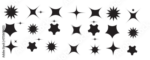 Abstract Star Burst and Sparkle Shape Icon Set. Black Retro Sunburst, Firework Symbol Collection. set of vector sparkling stars icon. abstract shining flash symbol. Set of star shapes and shining star