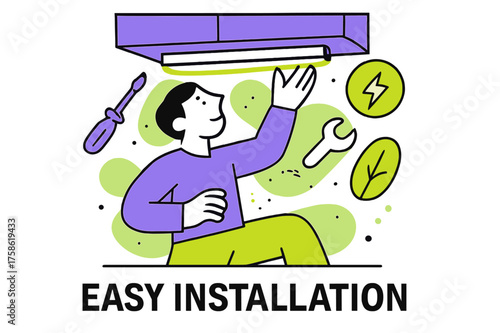 LED Installation Art. Under-cabinet light. Character installing glowing LED light under cabinet with orbiting