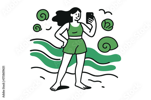 Chic Beach Blogger. Beach Style. A blogger stands barefoot on the sand, snapping their outfit as waves and