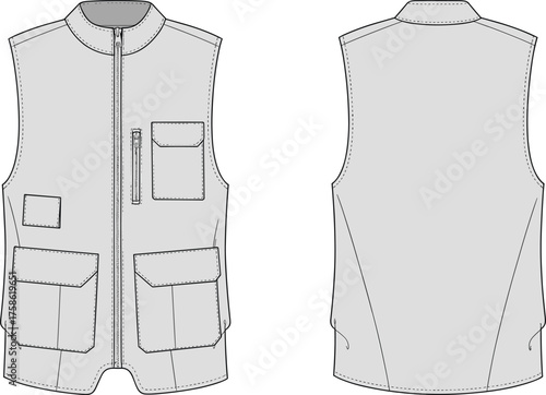 CAD drawing flat vector illustration of utility vest, front and back view, zipper closure, flap pockets, garment technical sketch, fashion template