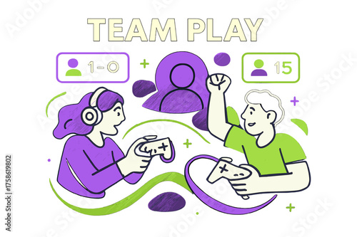 Neon Gaming Adventure. Playing video games. Abstract glowing multiplayer gaming scene with floating avatars,