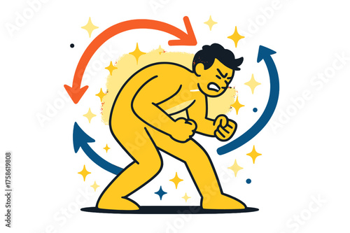 Dynamic Effort Illustration. Effort and focus. A glowing character straining with visible abstract arrows