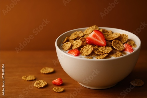 cereal bowl with milk and strawberries on wooden surface