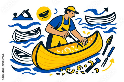 Artisan Carving Canoe. Handcrafted wooden boats and canoes. A craftsman carving a glowing wooden canoe with