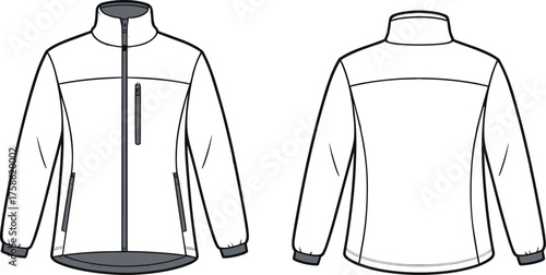 CAD drawing flat vector illustration of zip up jacket, high collar, long sleeve, multiple zip pockets, front and back view, template