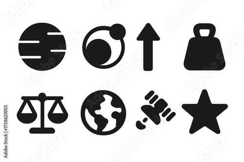 Gravitational Icons Set. Gravitational Force. Filled icon set of Gravitational Force: planet, orbiting moon,