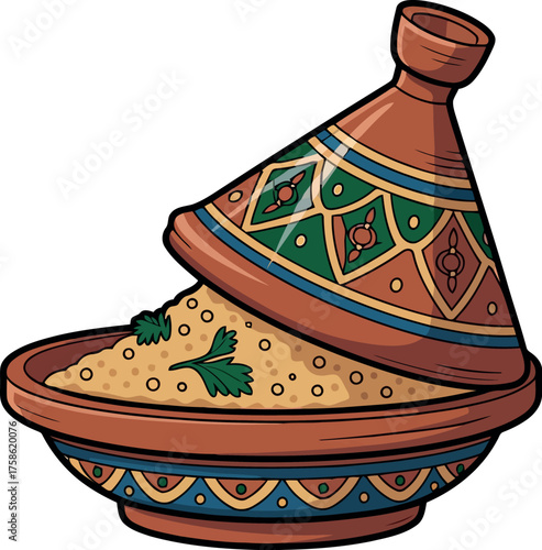 This colorful illustration depicts a traditional Moroccan tagine, a distinctive earthenware pot with a conical lid, revealing fluffy couscous garnished with parsley inside.