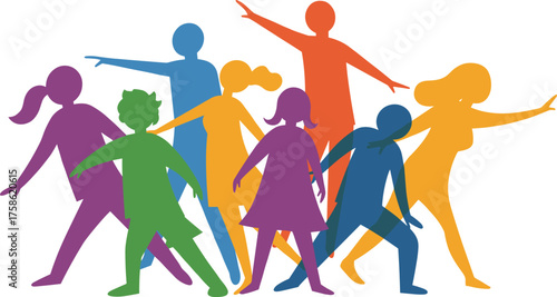 Colorful dancing silhouettes of diverse people, energetic movement, celebration, unity, individuality, vibrant artwork, multicultural community, inclusion, lifestyle concept, social harmony, diversity
