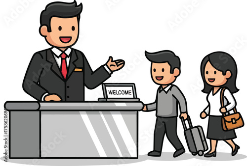 Hotel Reception Welcoming Guests with Luggage.