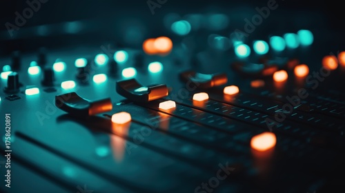 producer. Sleek music mixer with glowing controls under atmospheric club lighting and vibrant color accents. product launch decks.