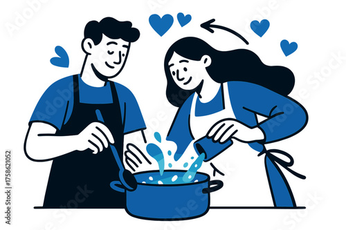 Cooking in Harmony. Everyday compromises. A couple cooking together, one stirring while the other adds