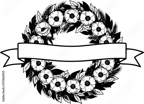 Double Poppy & Wheat Wreath Silhouette Vector with Blank Banner: Floral Frame for Remembrance Day Service Programs and Custom Memorial Text.