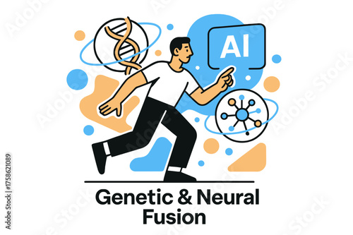 AI-Enhanced Human Evolution. Human evolution enhanced by AI. Character interacting with glowing AI holographic