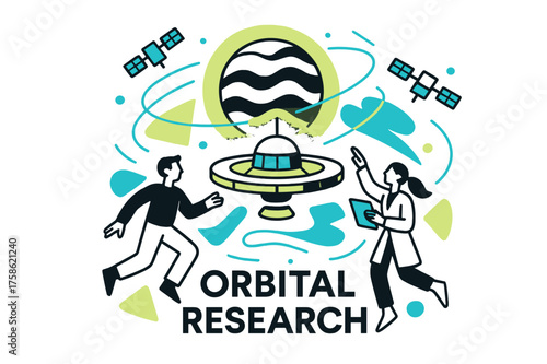 Venus Orbital Station. Venus exploration. Abstract glowing orbital station around Venus with orbiting