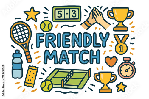 Colorful Tennis Doodle. Friendly Match. Hand-drawn doodle illustration of Friendly Match. tennis racket,