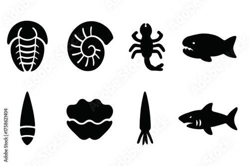 Extinct Ocean Icons. Extinct Marine Life. Filled icon set of Extinct Marine Life: trilobite, ammonite, sea
