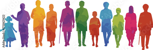 Colorful silhouette illustration of diverse people, community unity, inclusion, accessibility, generations together, vibrant watercolor artwork, diversity concept, 