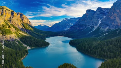 Mountain lake landscape with blue sky and snow-capped Alps reflection