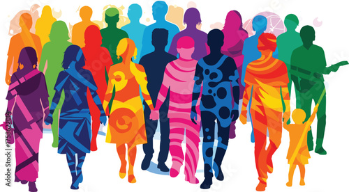 Colorful silhouettes of diverse people walking forward, community unity, inclusion, equality, accessibility, vibrant artwork, multicultural society, lifestyle concept, social harmony, togetherness