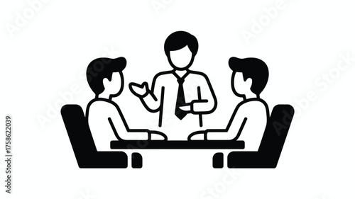 Three people in a meeting discussing ideas at a table with chairs discussion