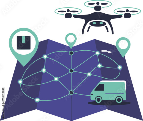 Smart delivery technology with drone and van on digital map — futuristic logistics and GPS tracking vector illustration