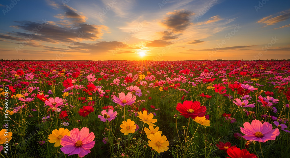 Fototapeta premium A breathtaking field of colorful wildflowers blooming under a vibrant sunset sky, golden sunlight illuminating petals of pink, red, purple, and yellow cosmos, soft clouds glowing with warm orange.