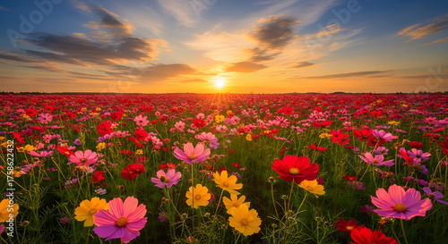 A breathtaking field of colorful wildflowers blooming under a vibrant sunset sky, golden sunlight illuminating petals of pink, red, purple, and yellow cosmos, soft clouds glowing with warm orange.