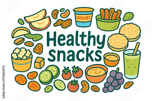 Colorful Healthy Snacks. Healthy snacks. Hand-drawn doodle illustration of Healthy snacks. Apple slices, nuts,