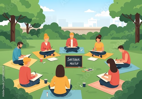 Diverse group of artists collaborating and drawing in a vibrant park setting during an Inktober meetup event