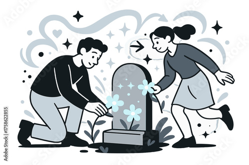 Memory's Blooming Tribute. Flowers of memory. Characters gently placing glowing flowers at a grave. Floating