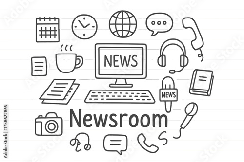 Doodle Newsroom Elements. Newsroom. Hand-drawn doodle illustration of Newsroom. desk, computer monitor,