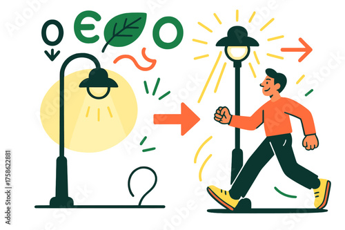 Smart Streetlight Animation. Energy saving. A glowing streetlight dimming as no one is nearby, then