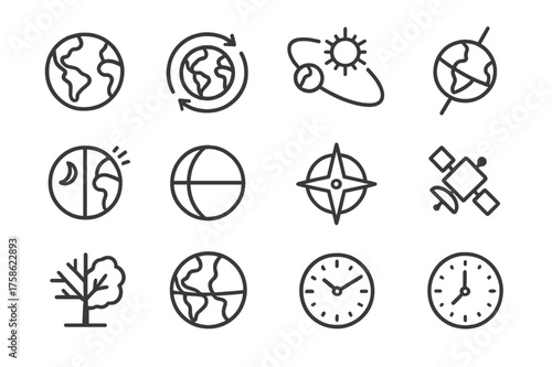 Earth's Dynamic Cycle Icons. The movement of the earth. Line outline icon set of The movement of the earth: